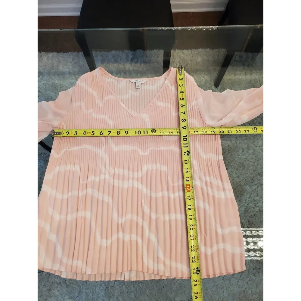 Nine West Pink & White Pleated Polyester V-Neck Long Sleeve Top Blouse Size XS - Image 7