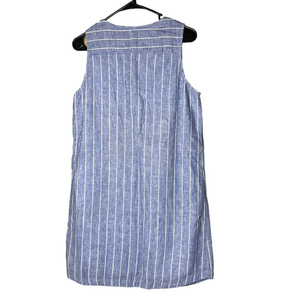 Beach Lunch Lounge Linen Blend Chambray Blue Striped Shift Lined Dress Size Small - Image 4
