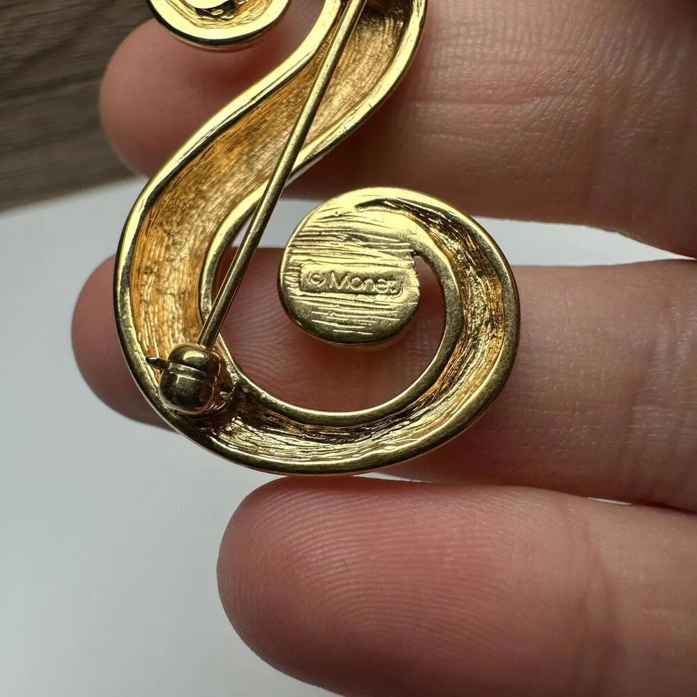 Rhinestone Letter / Initial S Signed Monet Gold Tone Brooch Pin - Image 6