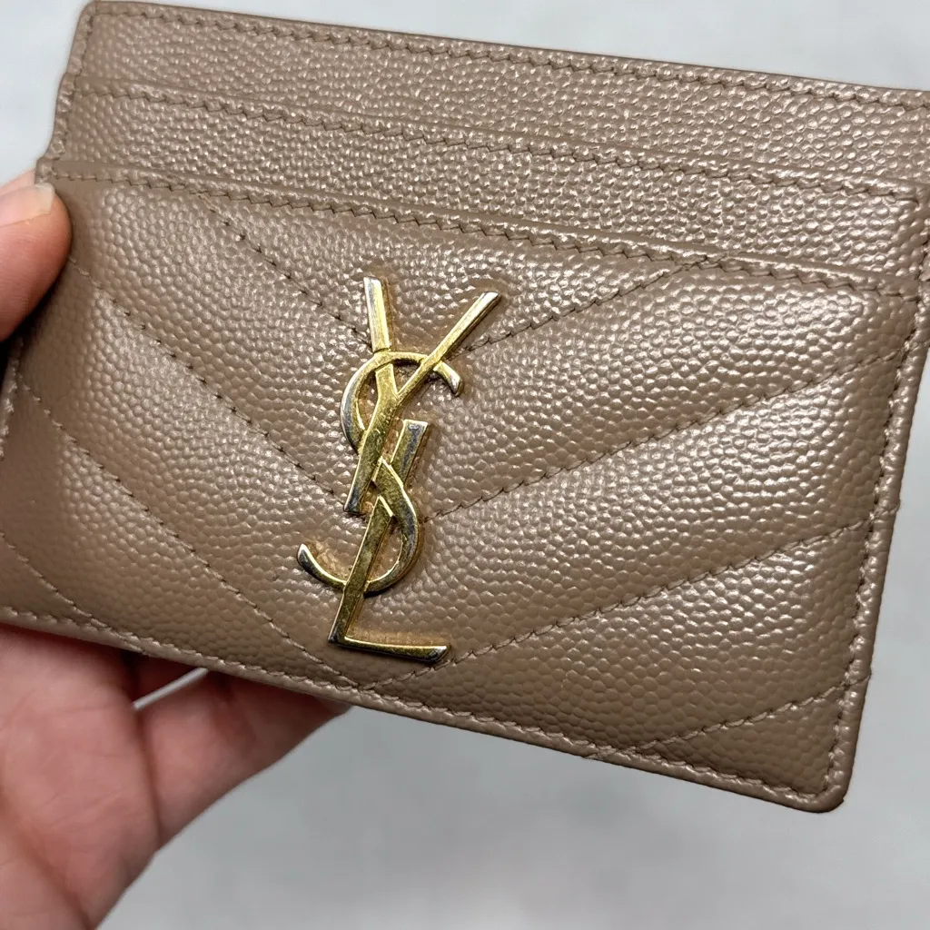 Saint Laurent YSL Monogram Logo Quilted Grained Leather Card Holder Taupe Gold - Image 4