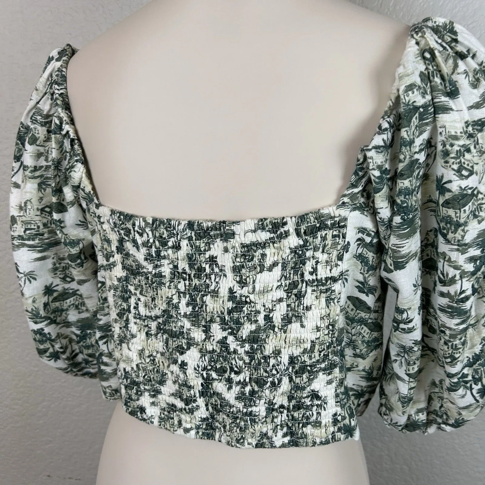 Abercrombie & Fitch Women's Linen Cropped Top Off Shoulder White Floral Size XL - Image 7