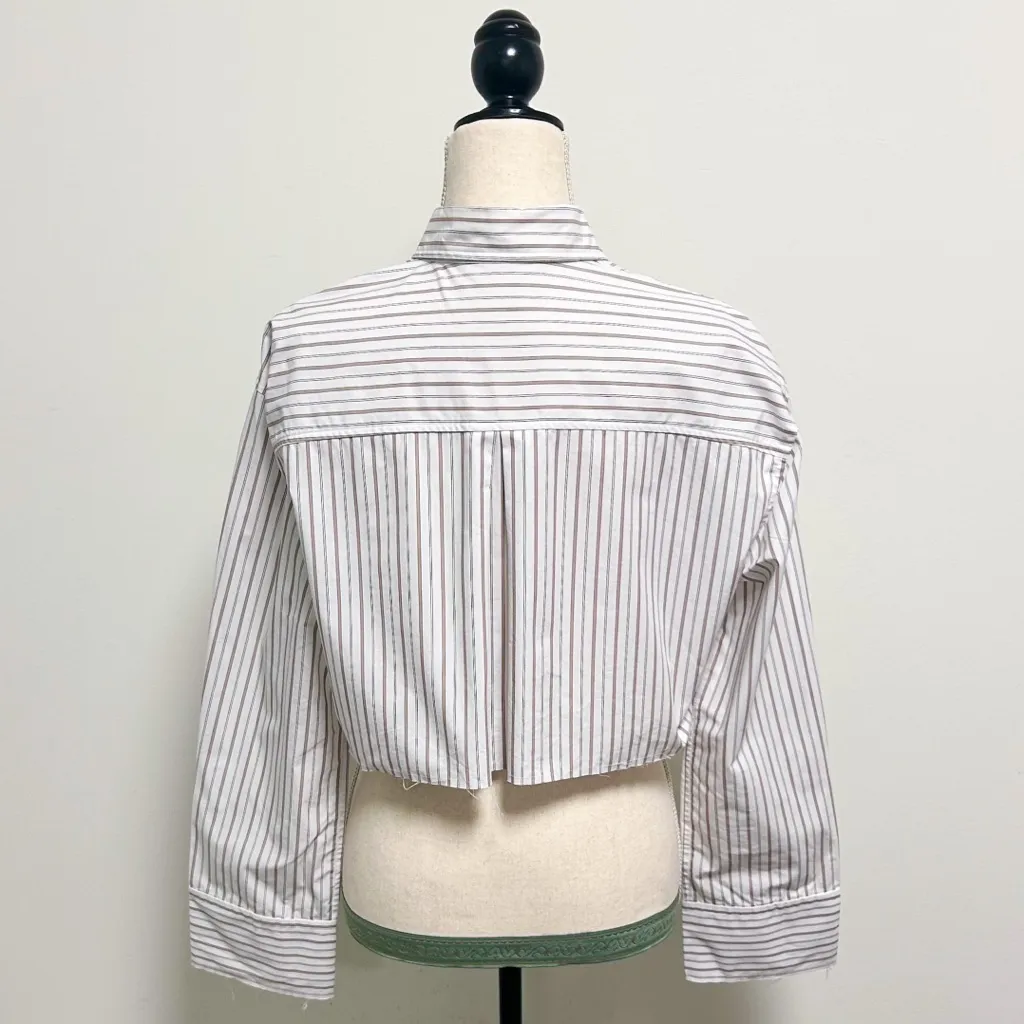 Zara White Taupe Stripe Button Up Distressed Raw Hem Collar Crop Blouse XS - Image 5