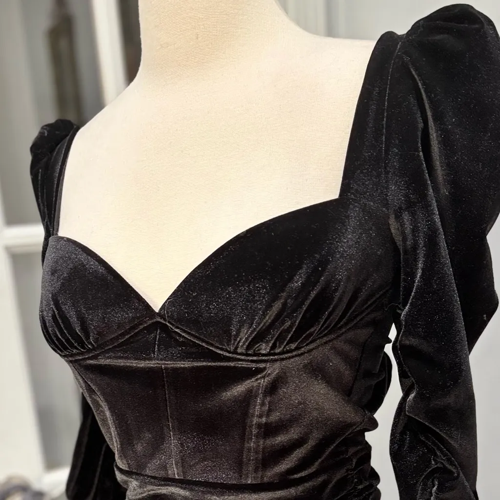 Oh Polly Black Velvet Ruched Long Sleeve Mini Dress - Image 6