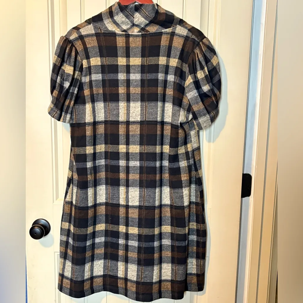JH Black/Brown/Tan Plaid Bubble Sleeve Cowl Neck Short Sleeve Sweater Dress Brown Size XL - Image 4