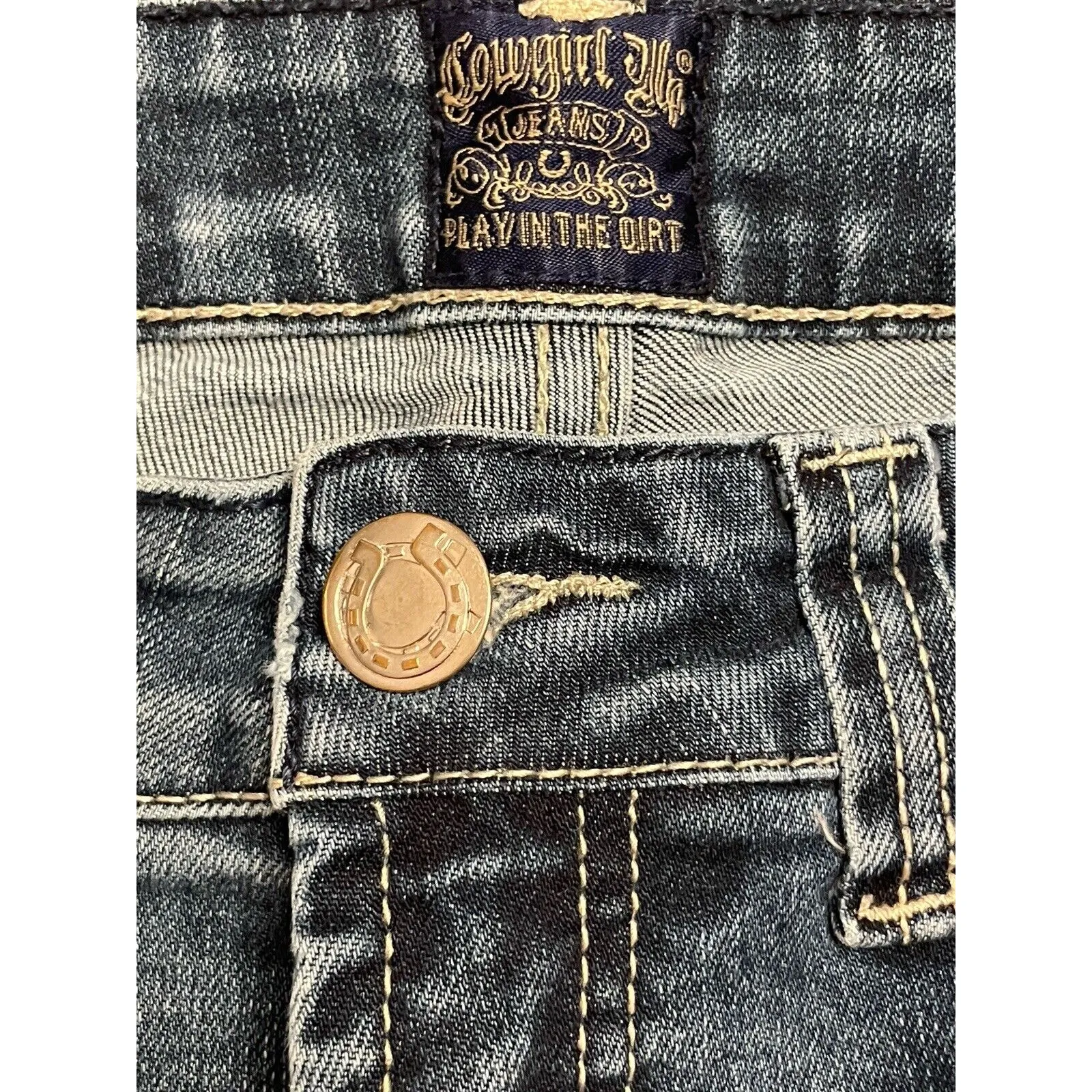 Cowgirl Up Embroidered Low Rise Bootcut‎ Jeans Size 4/28 Blue Leather Rhinestone - Image 6