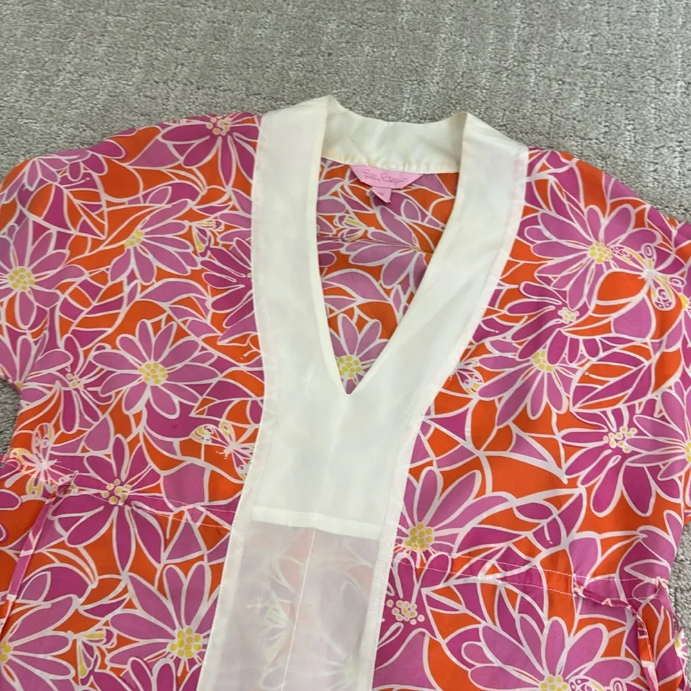 Lilly Pulitzer 100% silk floral print caftan muumuu coverup dress mini tie waist - Image 2