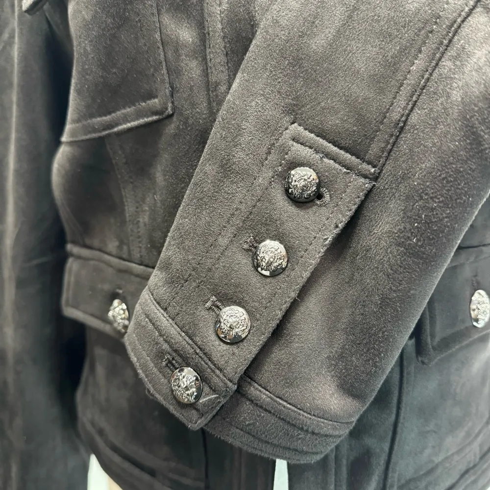 Black Faux Suede Military Style Jacket with Pockets Carmen Marc Valvo Size Small - Image 11