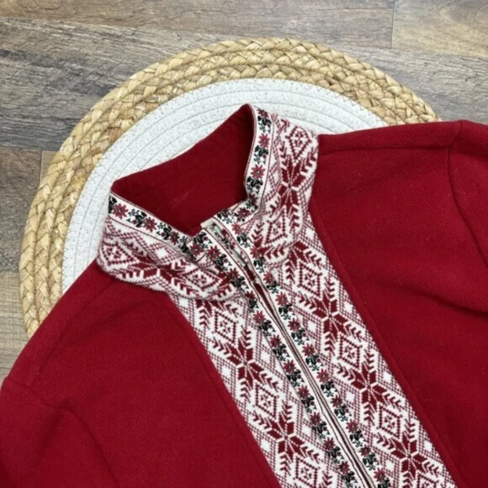 LL Bean Red Full Zip Fleece Jacket Womens Small Nordic Print Fair Isle Trim - Image 9