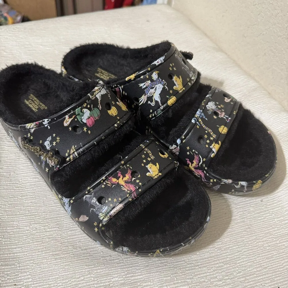 Crocs Vera Bradley Harry Potter Cozy Sandals Hogwartz W12/M10 Fur Lined Black - Image 2