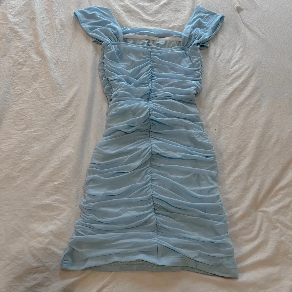 pretty garden light blue ruched off the shoulder bodycon mini dress - Image 3