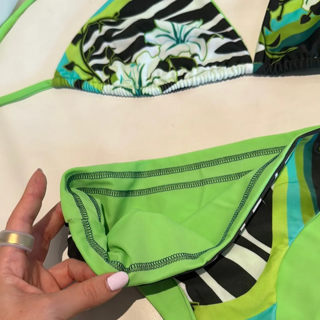 Women size large reversible tropical flower dark green Bikini Set stitching - Image 6