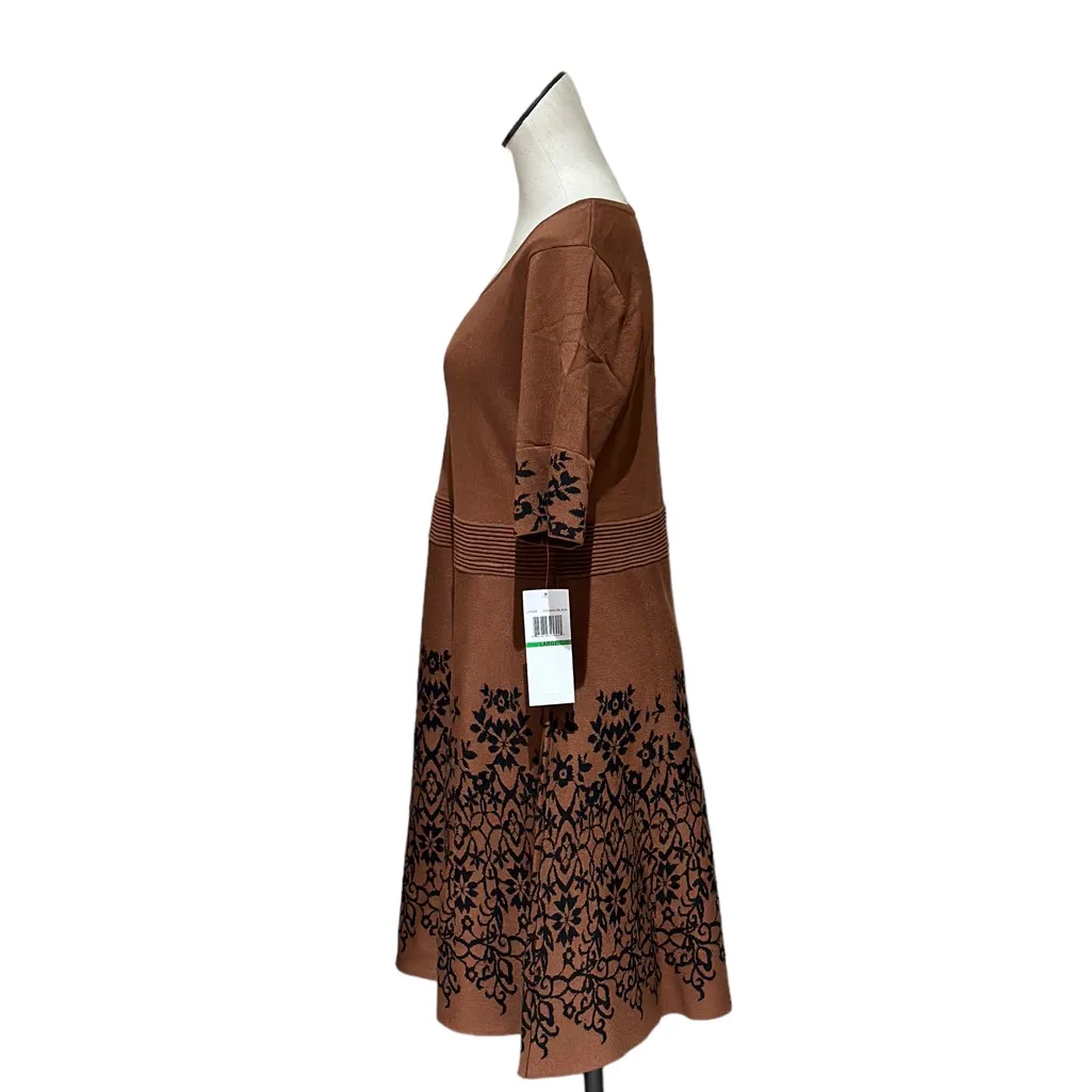 NWT NINA LEONARD FIT & FLARE FLORAL KNIT SWEATER DRESS IN COGNAC / BLACK Brown Size L - Image 5