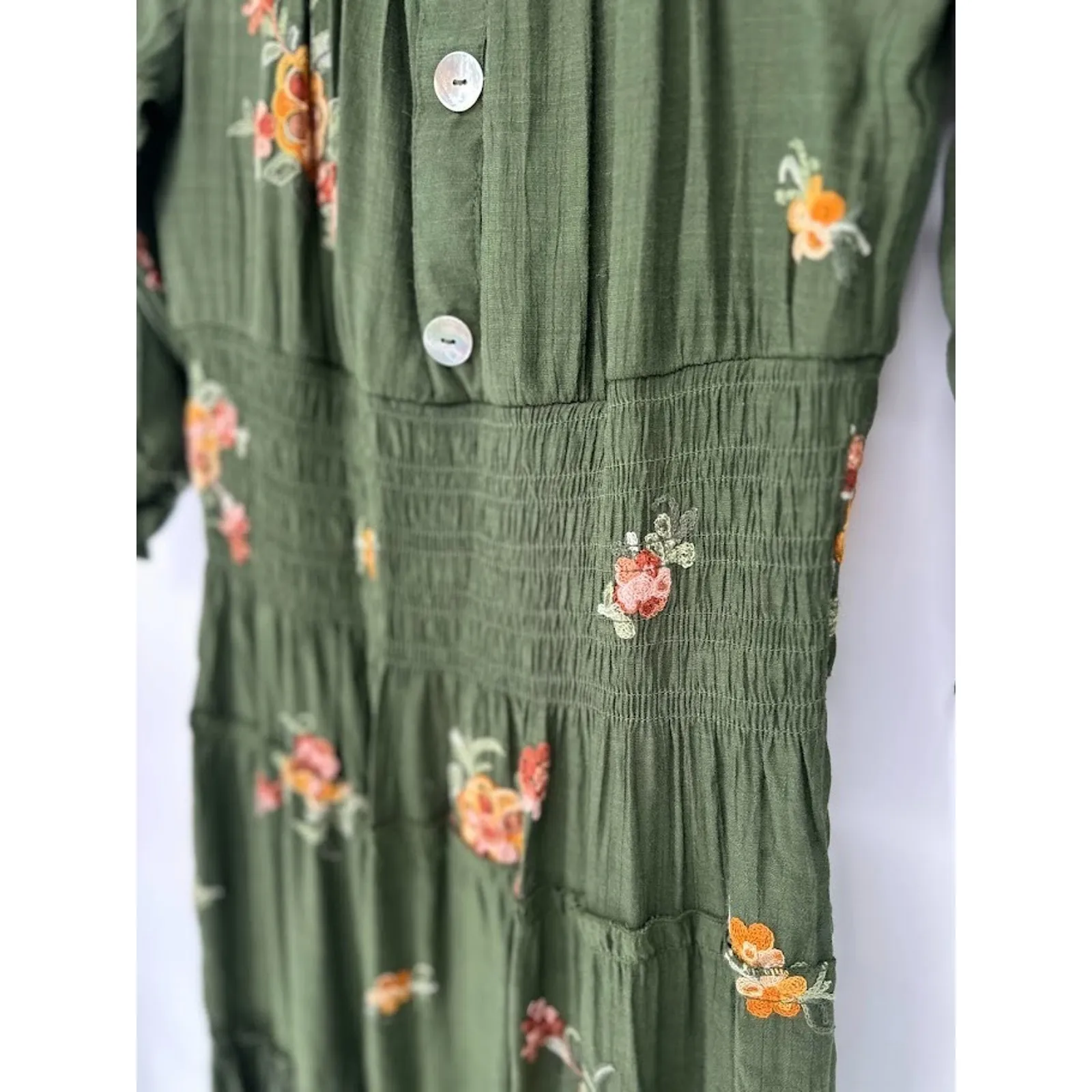 Anthropologie Fig and Flower Embroidered Smocked Tiered Ruffle Maxi Dress Medium - Image 4