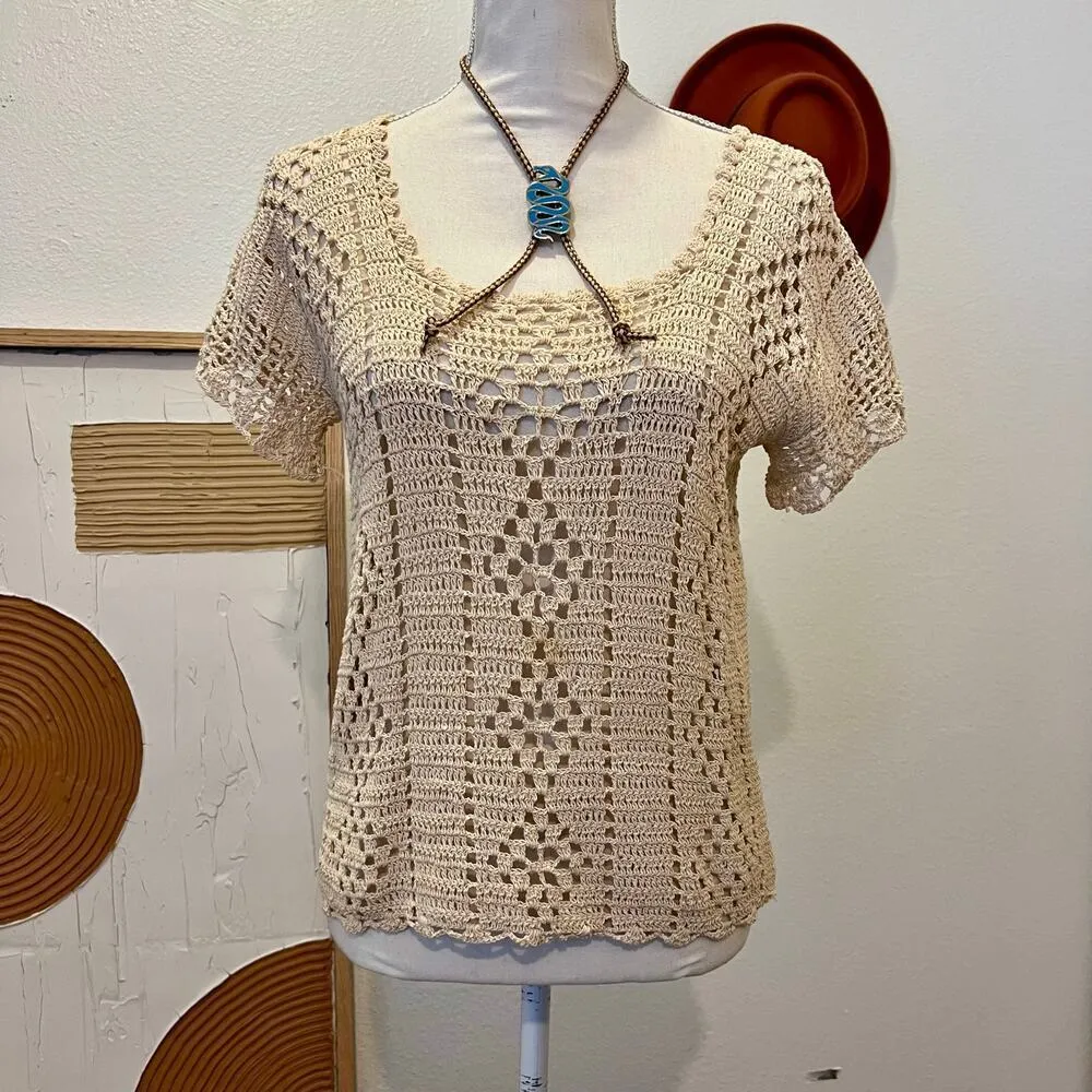 Handmade 70s Woven Cream Short Sleeve Indie Semi Sheer Crocheted Top - Image 8