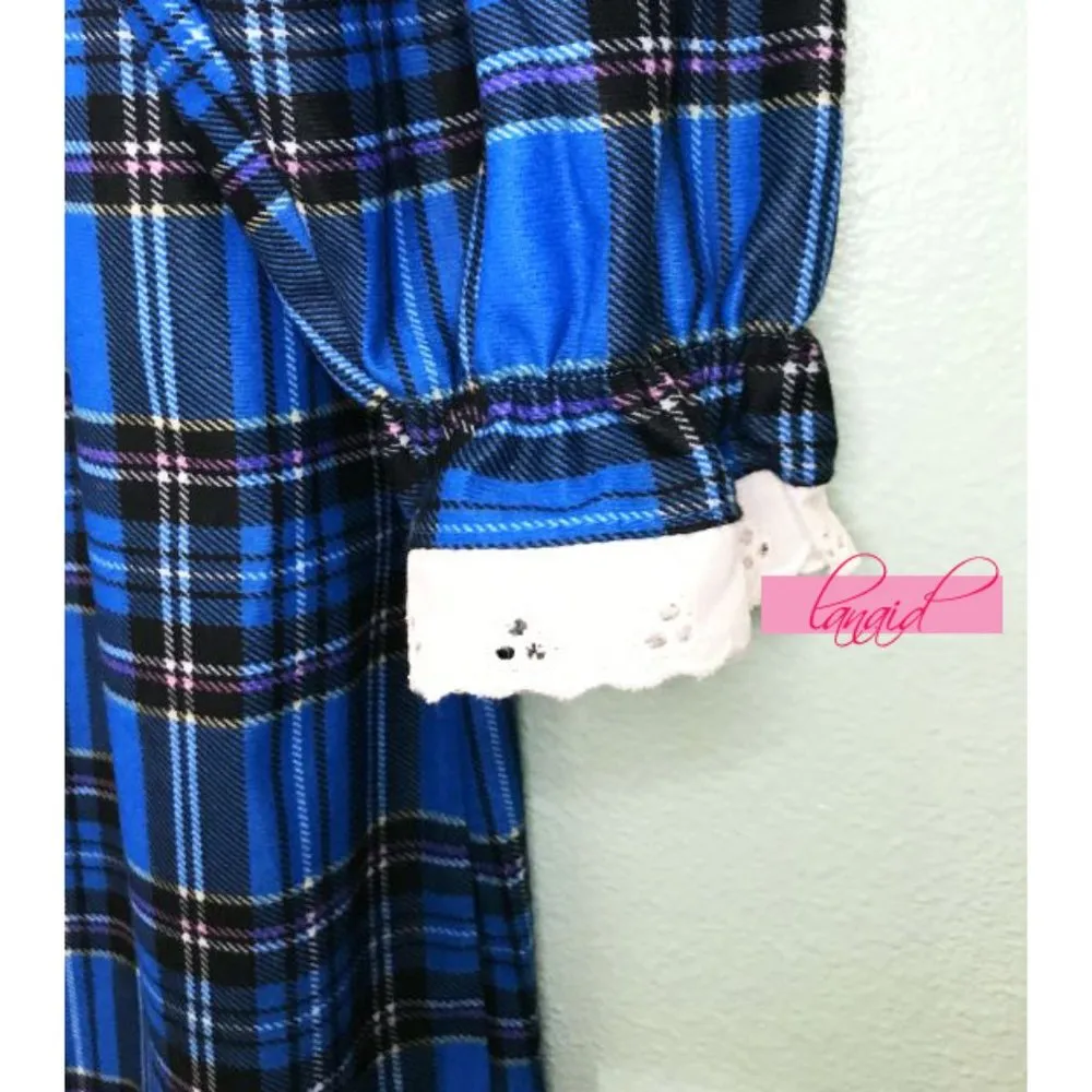 Blue Plaid Henley Button-Up Lace Eyelet Crochet Long Sleeve Midi Dress - Image 4