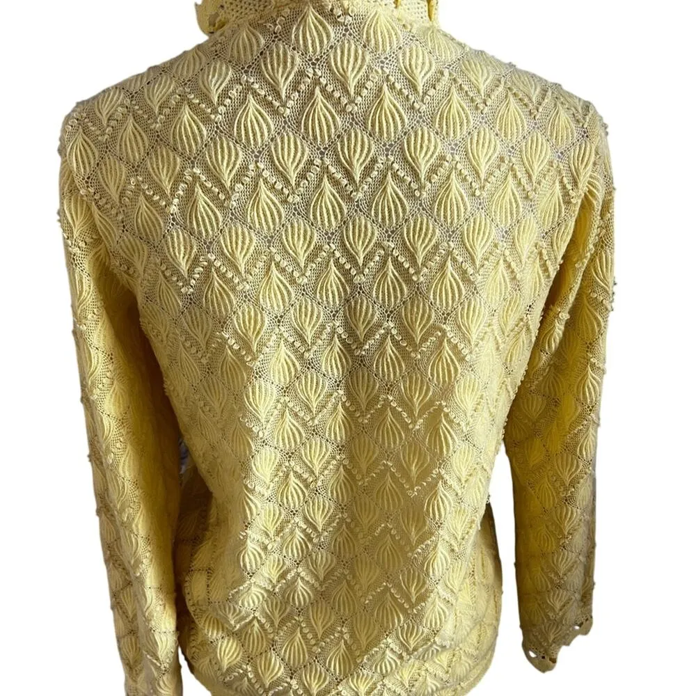 Vtg 1960s pointelle scallop ruffle cardigan sweater small butter yellow - Image 5