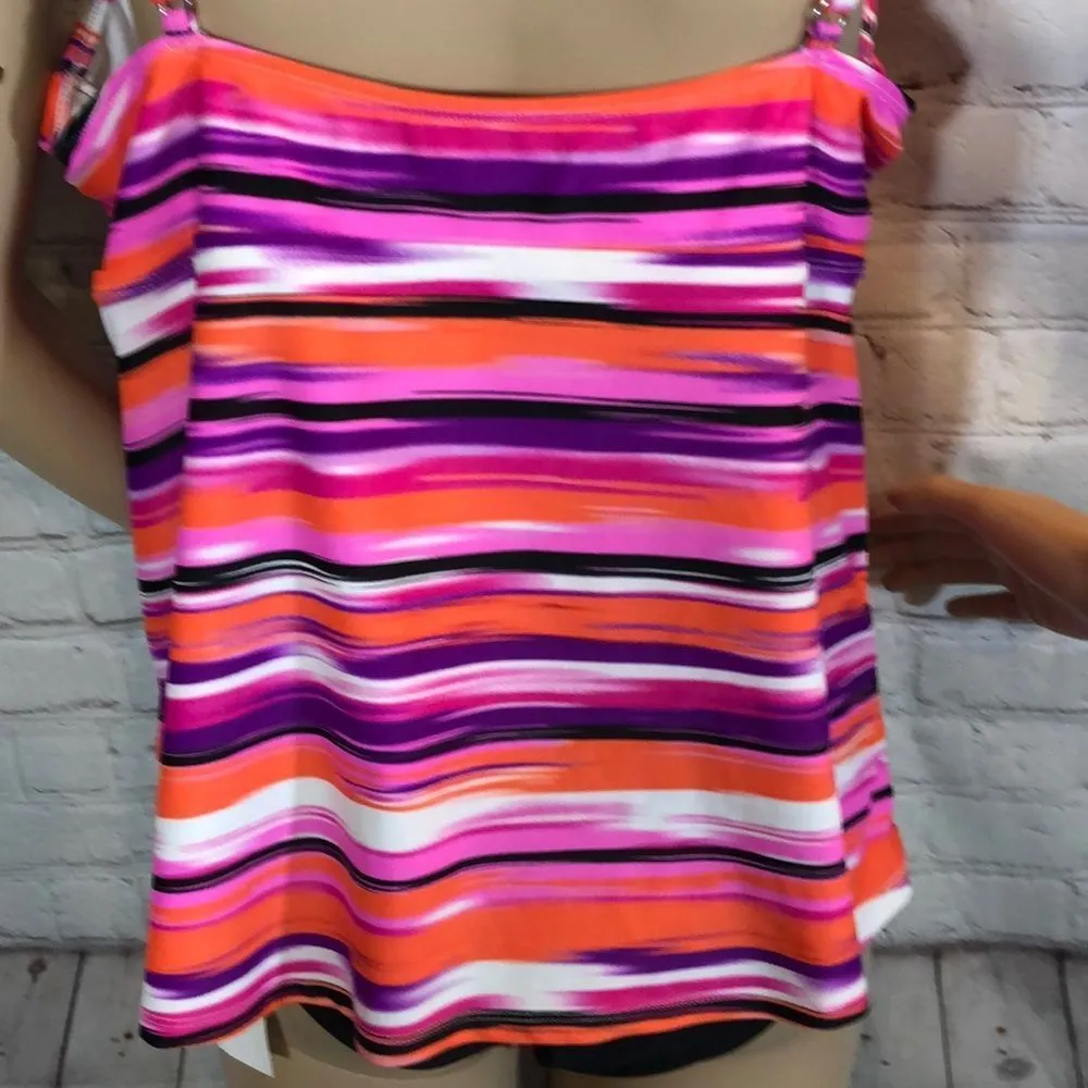 Catalina Pink Purple Striped Plunge Tankini XL - Image 10