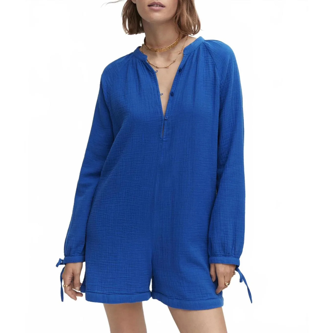 Mango Cotton Long Sleeve Short Jumpsuit with Buttons Bambu Blue NWT Small - Image 7