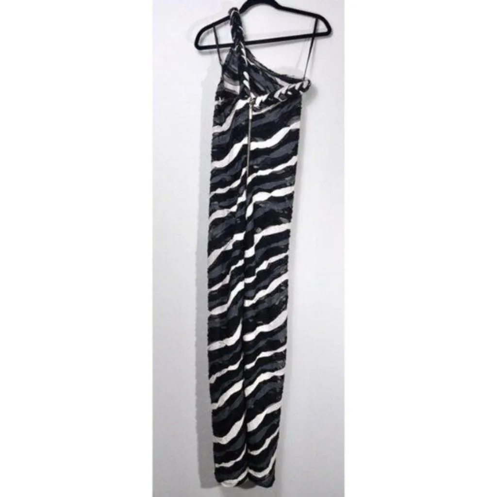 Bronx and Banco x REVOLVE Itza One Shoulder Dress S Black Striped Sheer Braided - Image 11