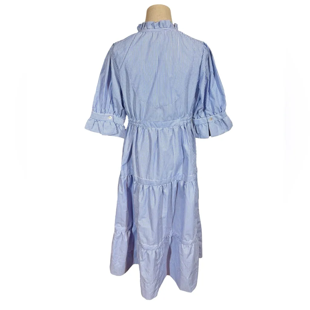 Gretchen Scott Teardrop Ruffle Tiered Midi Dress in Stripe Martine Periwinkle Blue - Image 6