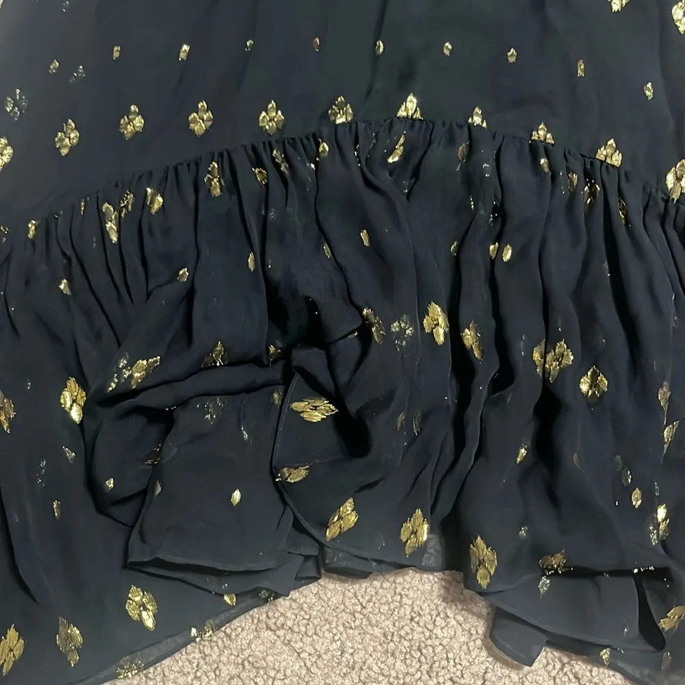 A.L.C. Stanwyck Dress Ruffle Sheer Long Sleeve Silk Midi Gold Metallic‎ Black 6 - Image 7