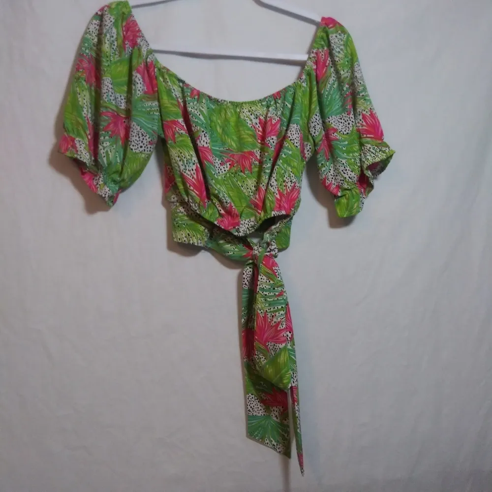 Milk & Honey Tropical Green and Pink Waist Wrap Crop Top Vacation Beach Size S - Image 7