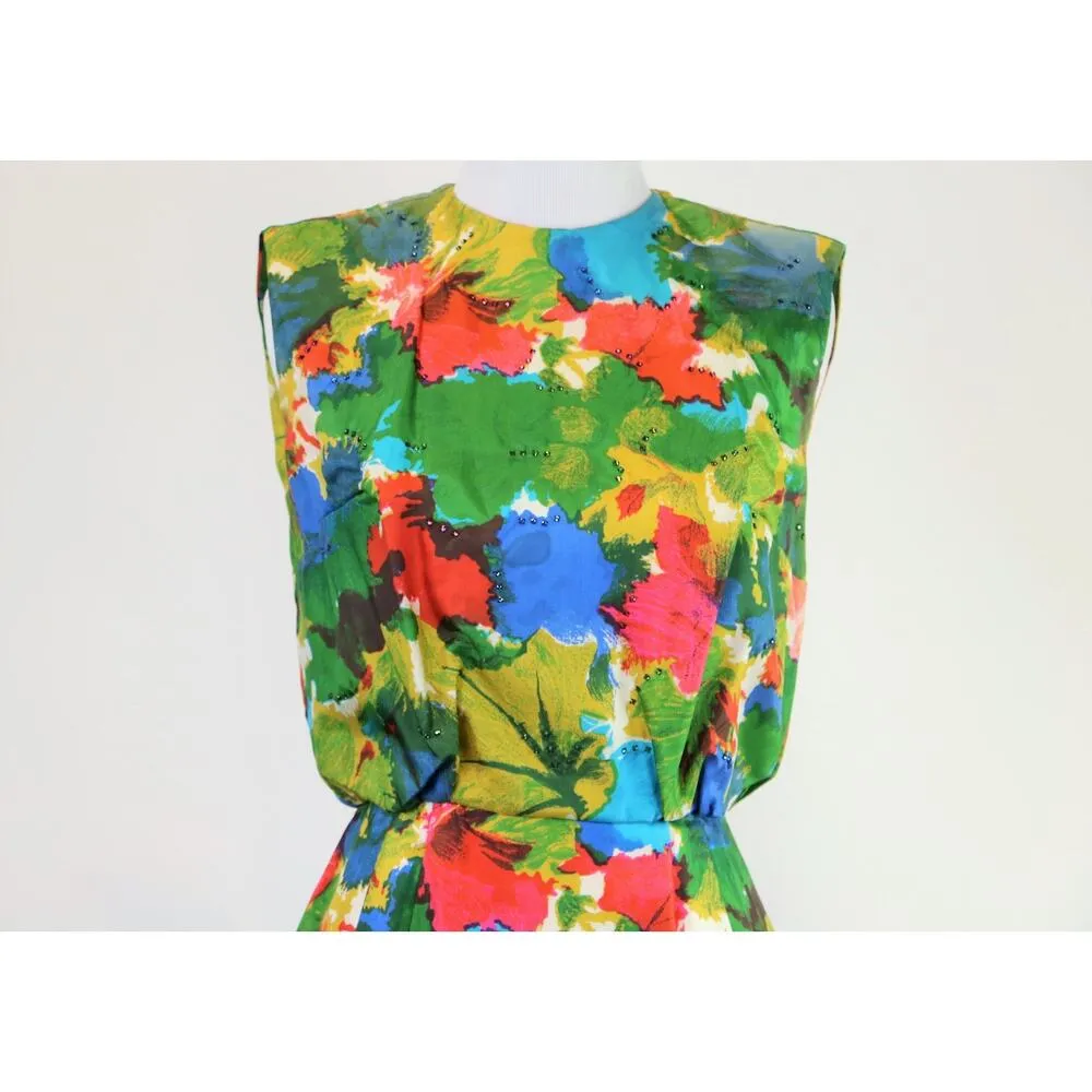 Vintage 1960s Primary Colored Floral Silk Dress Mardi Gras New York Small - Image 9