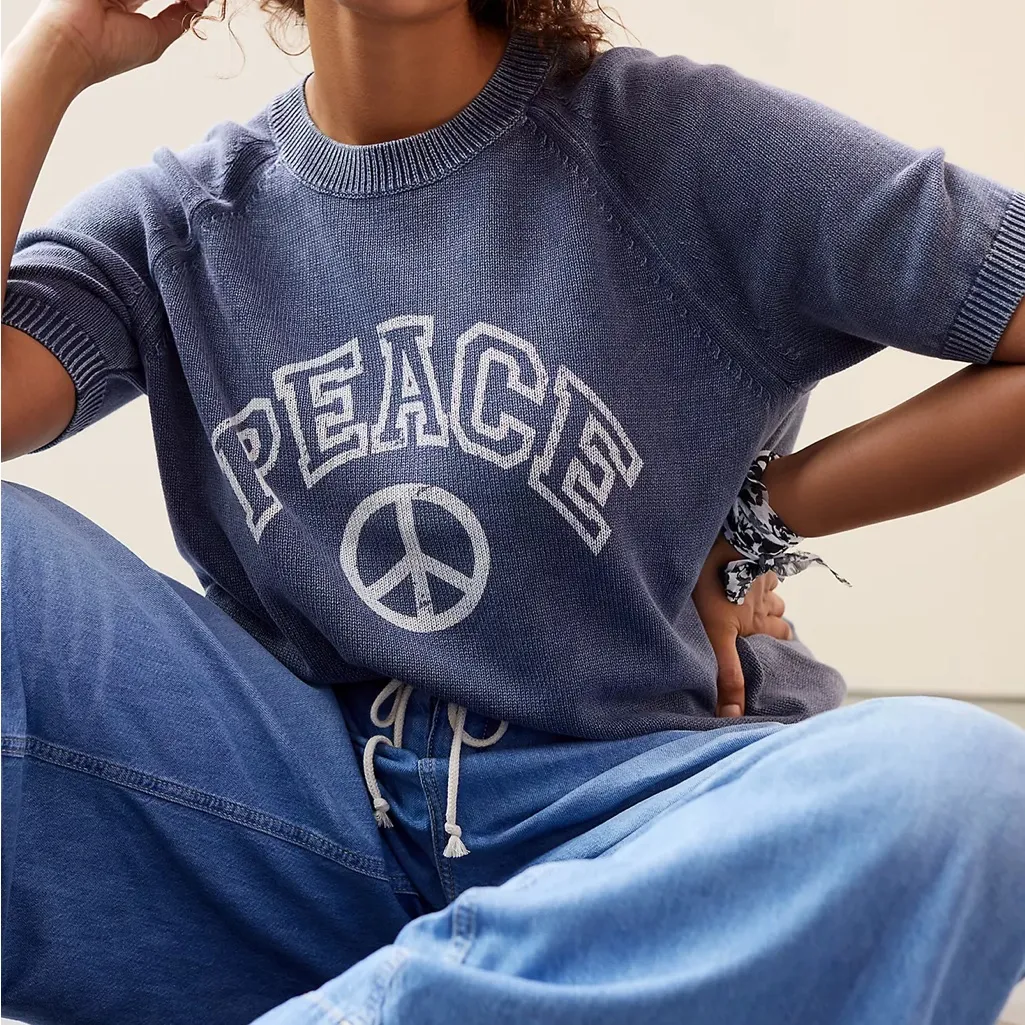 Anthropologie Pilcro Monogram Knit Tee XS Short Sleeve Cotton Sweater Peace Sign Blue - Image 2