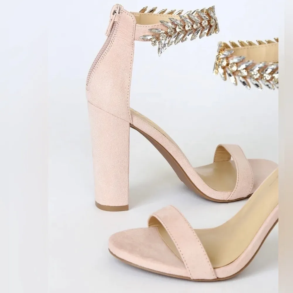 Lulus Mylan Light Nude Suede‎ Ankle Crystal Strap Heels size 9 NIB - Image 3