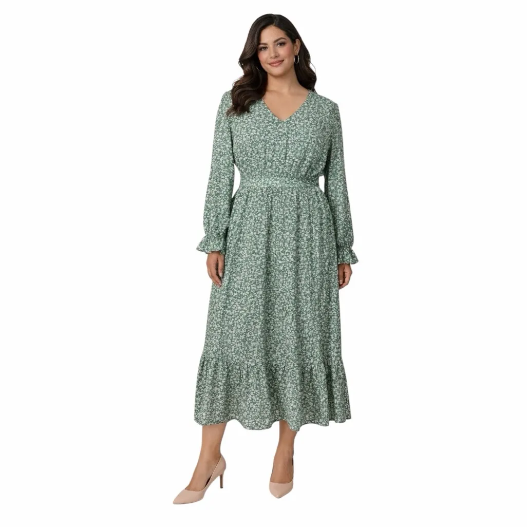 PrettyGarden V-neck Long Ruffle Sleeve Midi Dress Green Floral Women’s Size XXL - Image 16