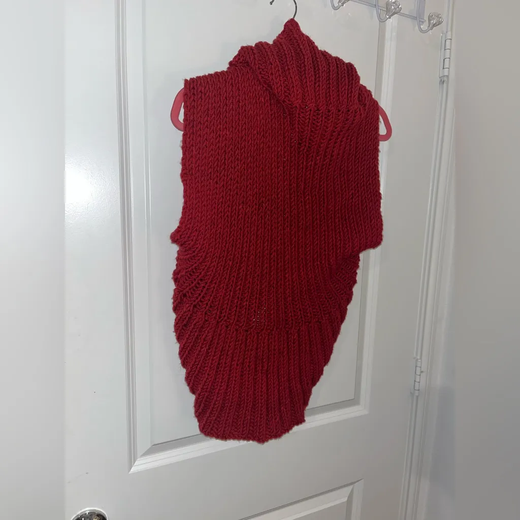 Chunky Knit Red Shawl Collar Cardigan Handmade Look Cozy Sleeveless Sweater Vest - Image 15