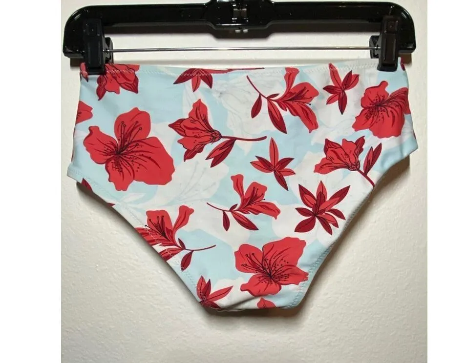 Cupshe Bikini Bottom High Waist Floral Baby Blue Red Small - Image 5
