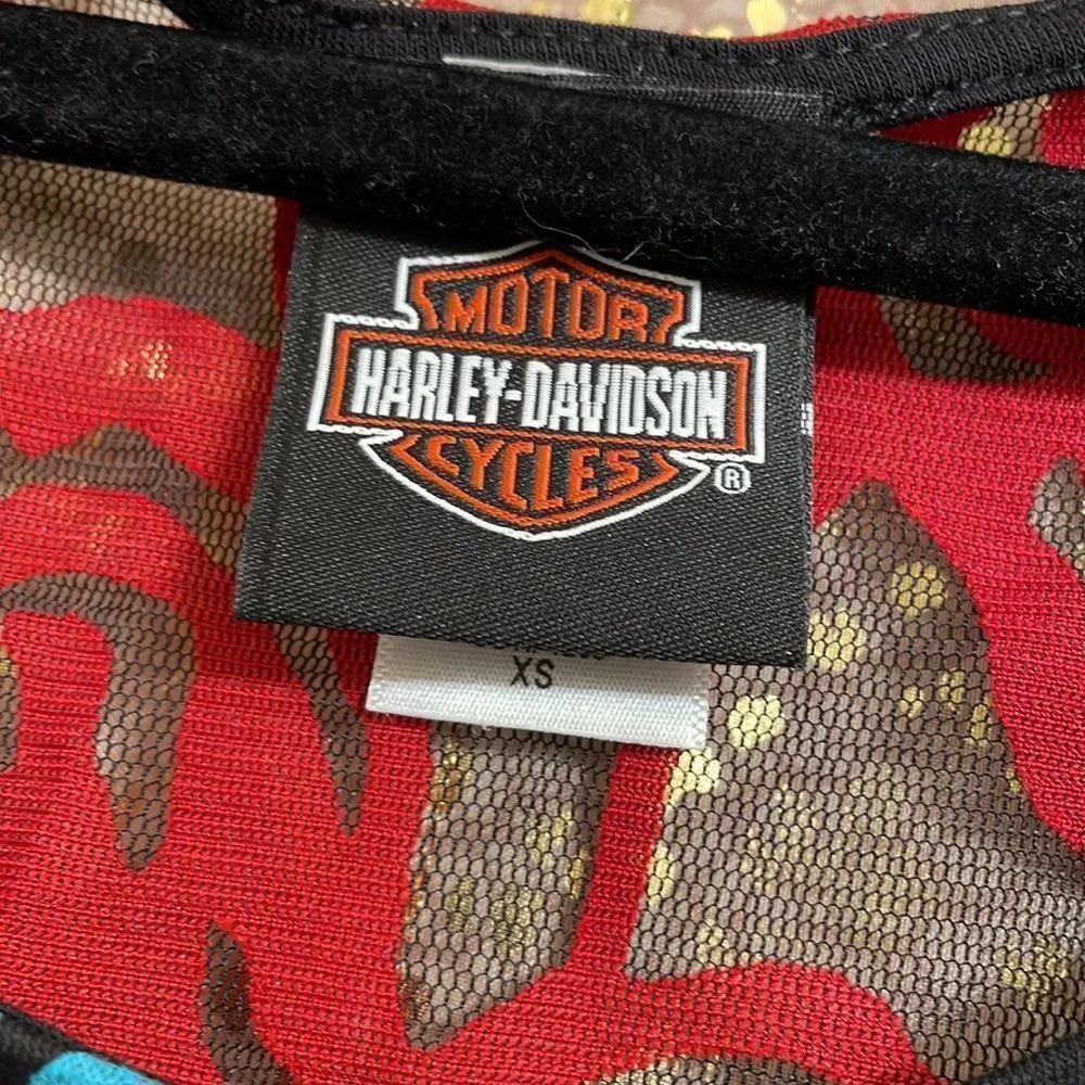 Harley Davidson black/red rose mesh rhinestone 3/4 sleeve t-shirt, XS, EUC - Image 3