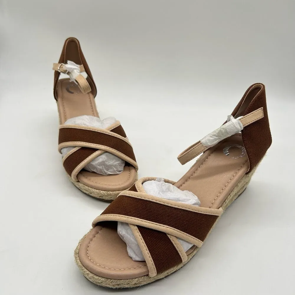 Journee Collection Sandal Womens 7.5‎ Brown Cream Espadrille Brene Wedge NEW - Image 4