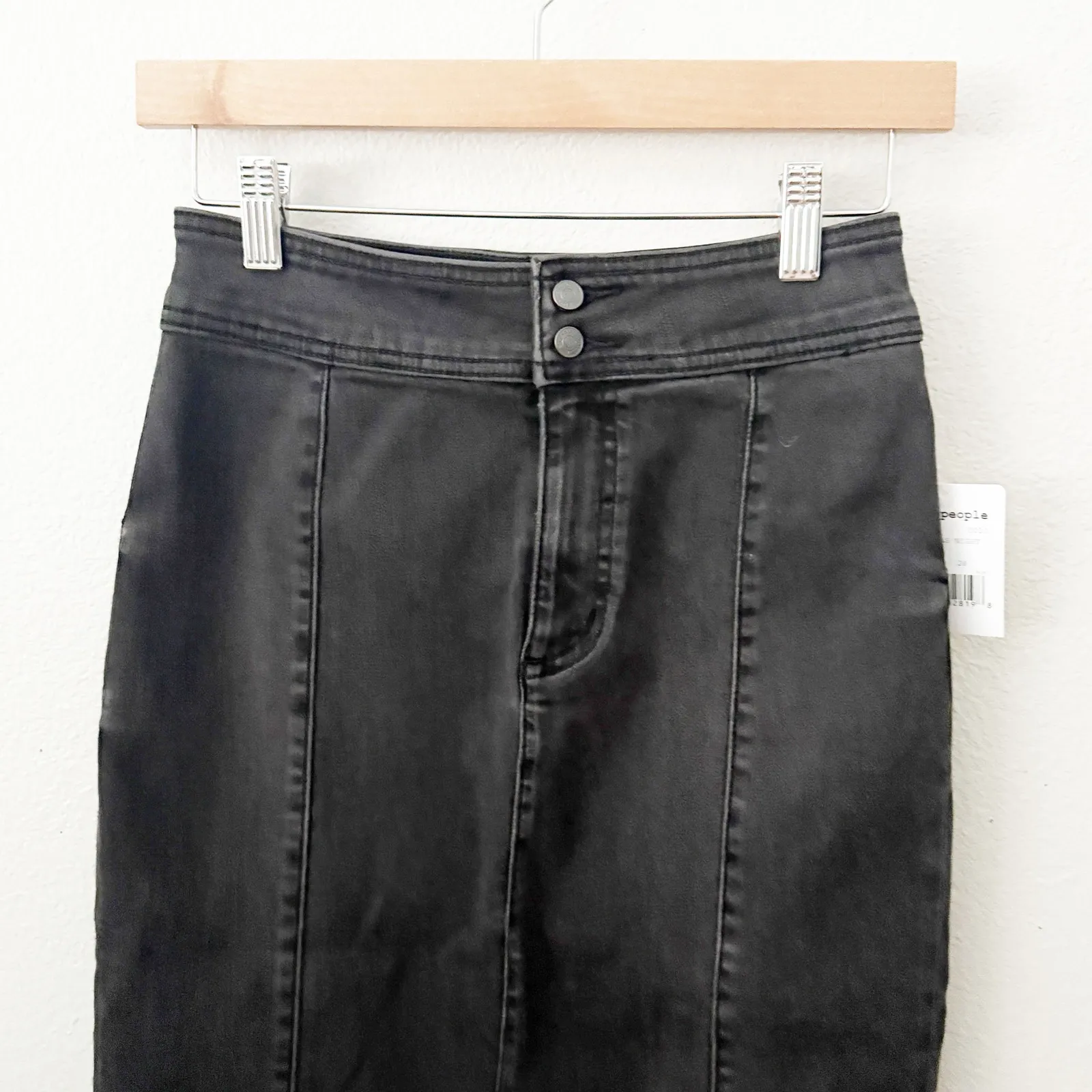 FREE PEOPLE | Maddie Denim Midi Skirt Front Slit Black Jean Pencil | 28, 6 - Image 3