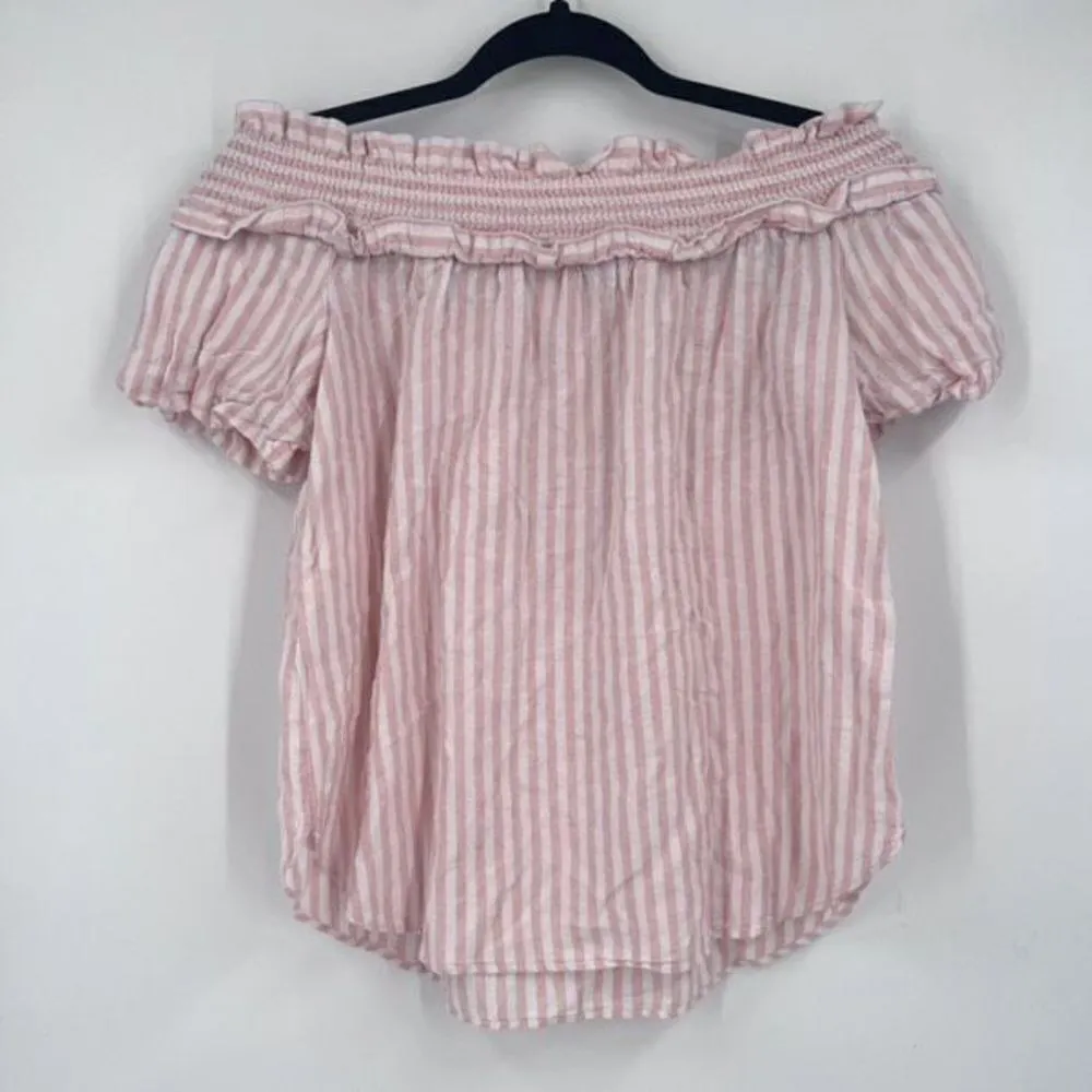 Tommy Hilfiger Pink White Striped Linen Blend Off Shoulder‎ Ruffle Trim Top XS - Image 4
