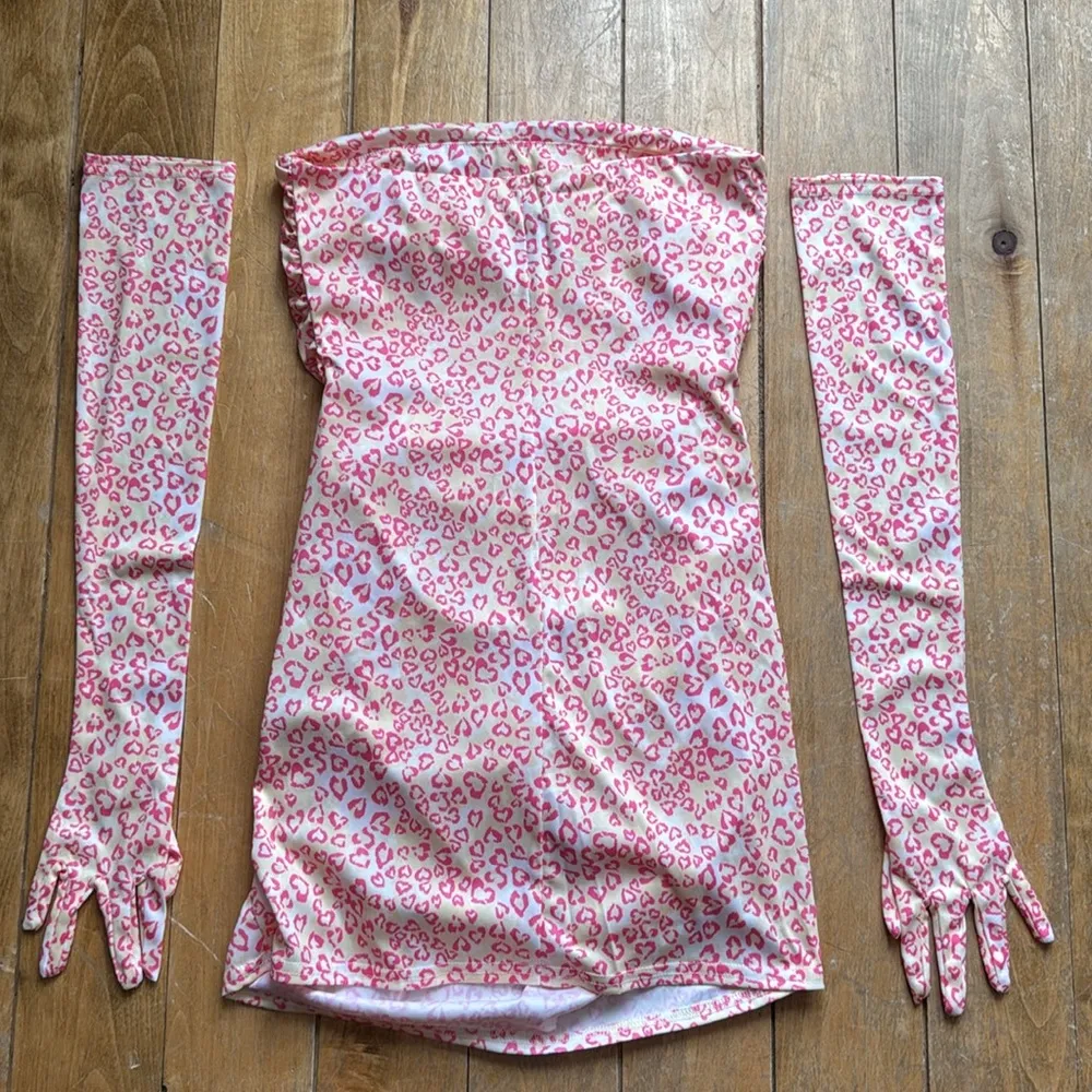 Miscreants Ruched Cupid Mini Strapless Dress/Gloves Yellow/Pink LeopardUS M NWOT Pink Size M - Image 7