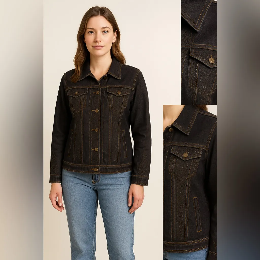 Laura Ashley brown beaded embroidered button up‎ jean jacket, size M - Image 2