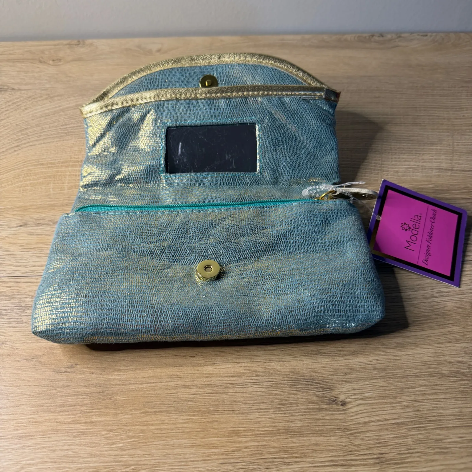 Modella Teal Gold Metallic Foldover Clutch Bag NWT Designer Evening Pouch Mirror Blue - Image 3