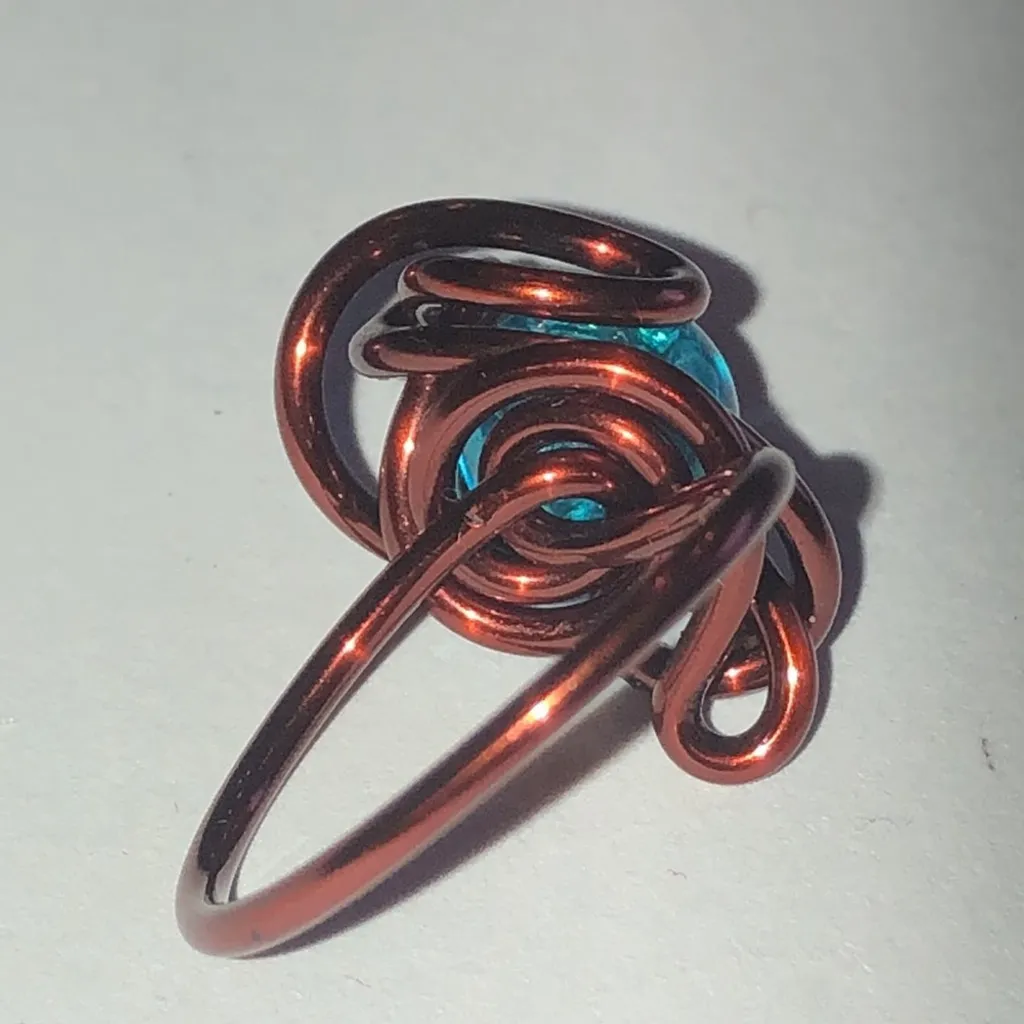 Size 5.5 Bronze Color Blue Bead Wire Wrapped Boho Ring - Image 4