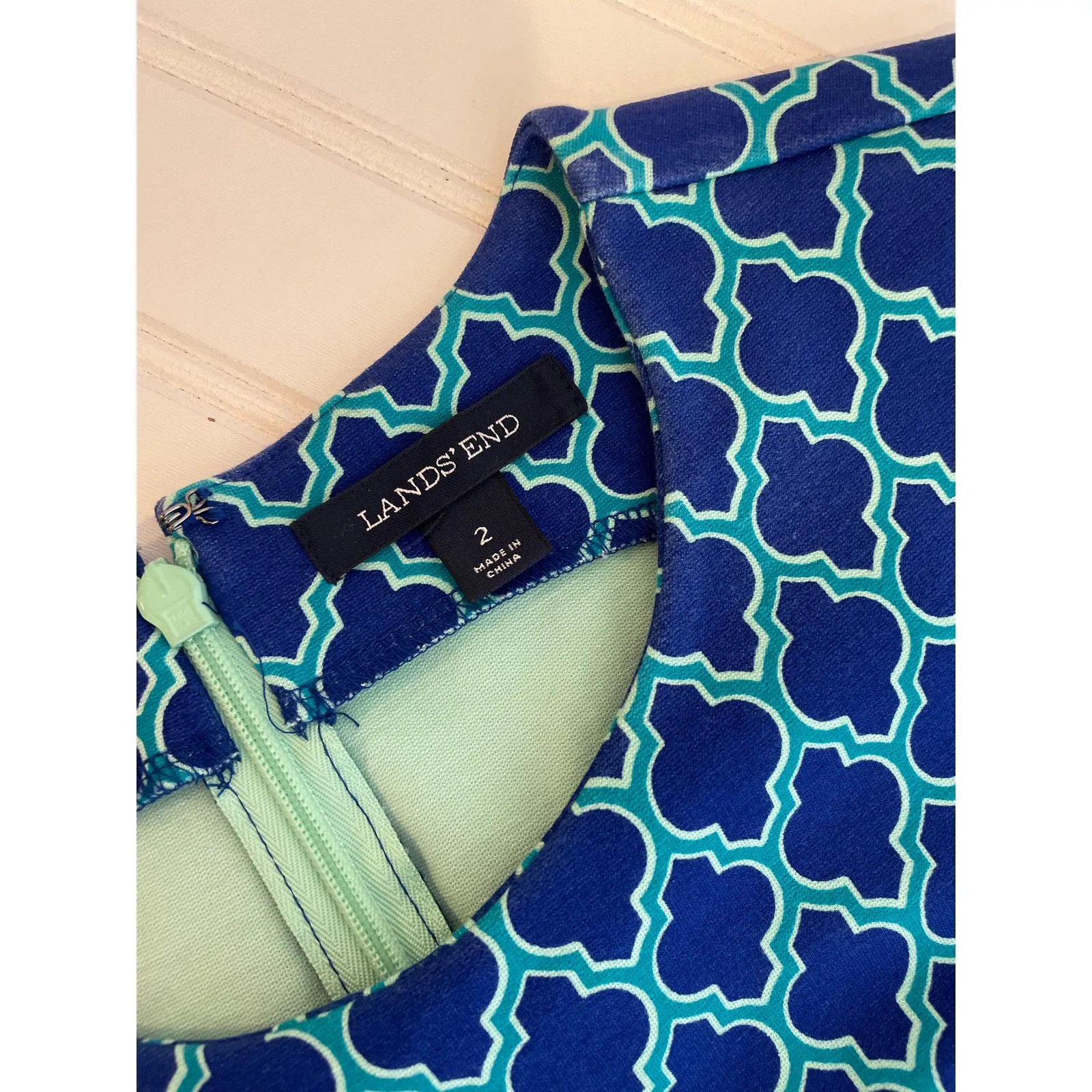 Lands End Teal Print Sleeveless Crew Neck Sheath Dress Womens Size 2 - Image 5