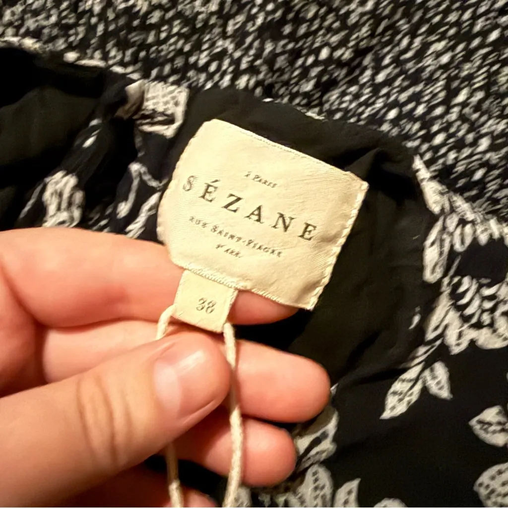 Sezane‎ Leana Black & White Floral Silk Blend Long Sleeve Shift Mini Dress Sz 38 - Image 6