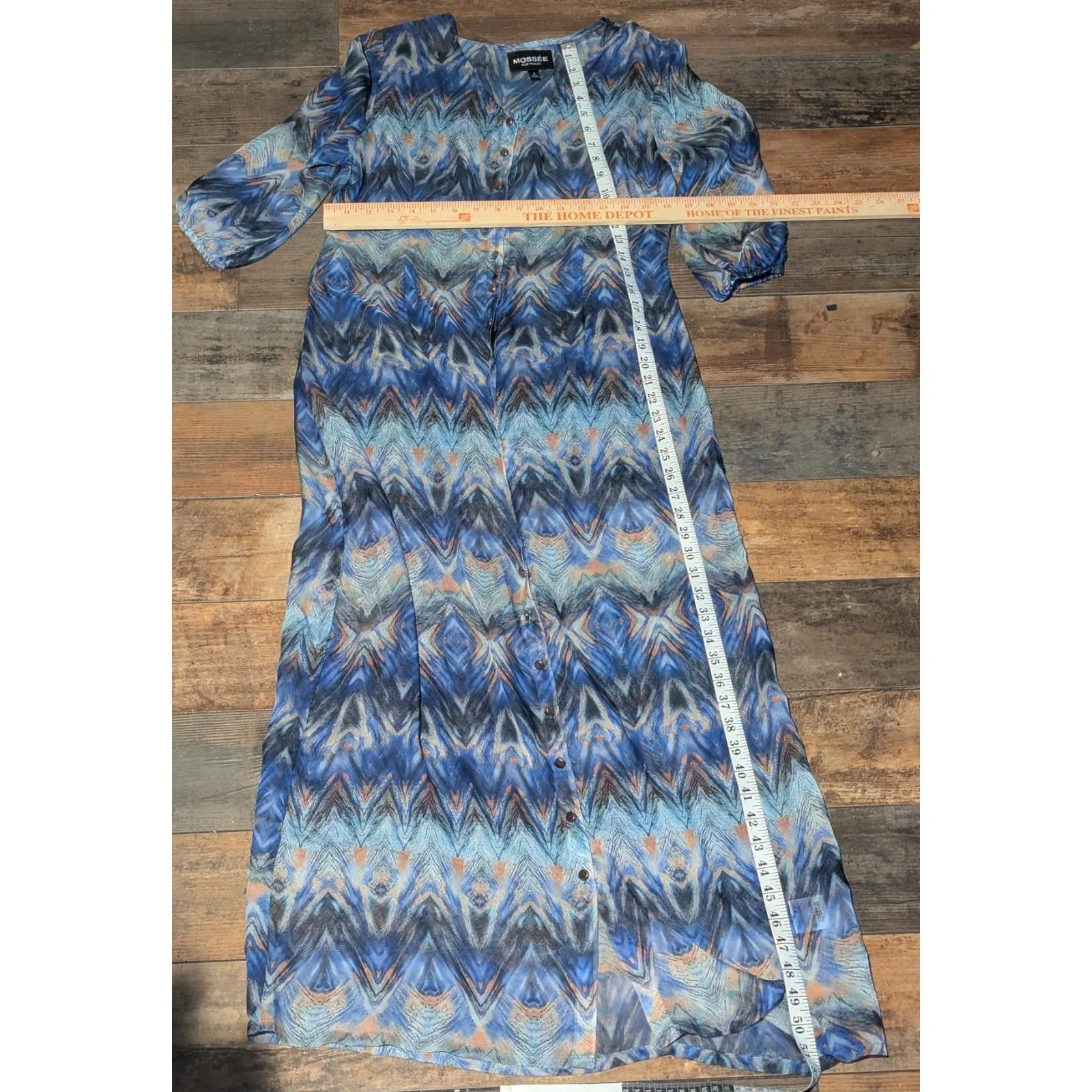 Mossée Australia Blue Geometric Print Sheer Button Front Maxi Dress Size 8 - Image 3