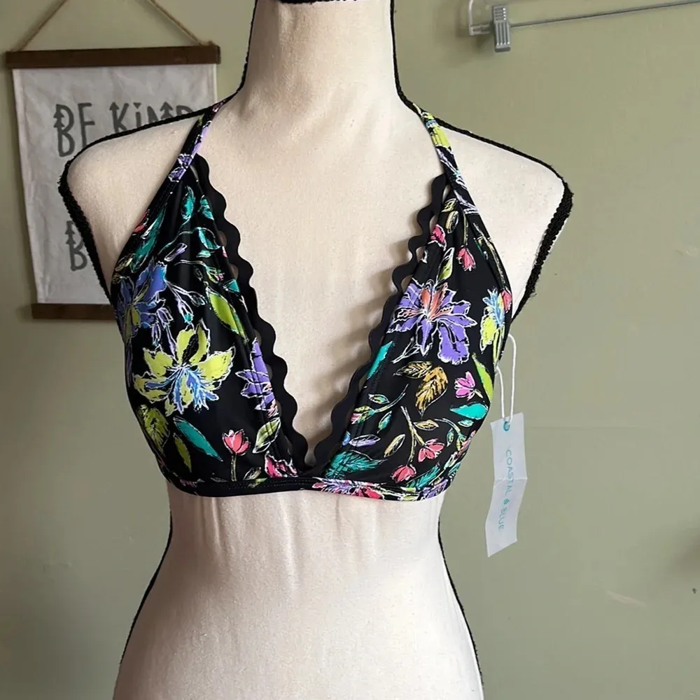 Coastal blue black floral bikini halter top - Image 2