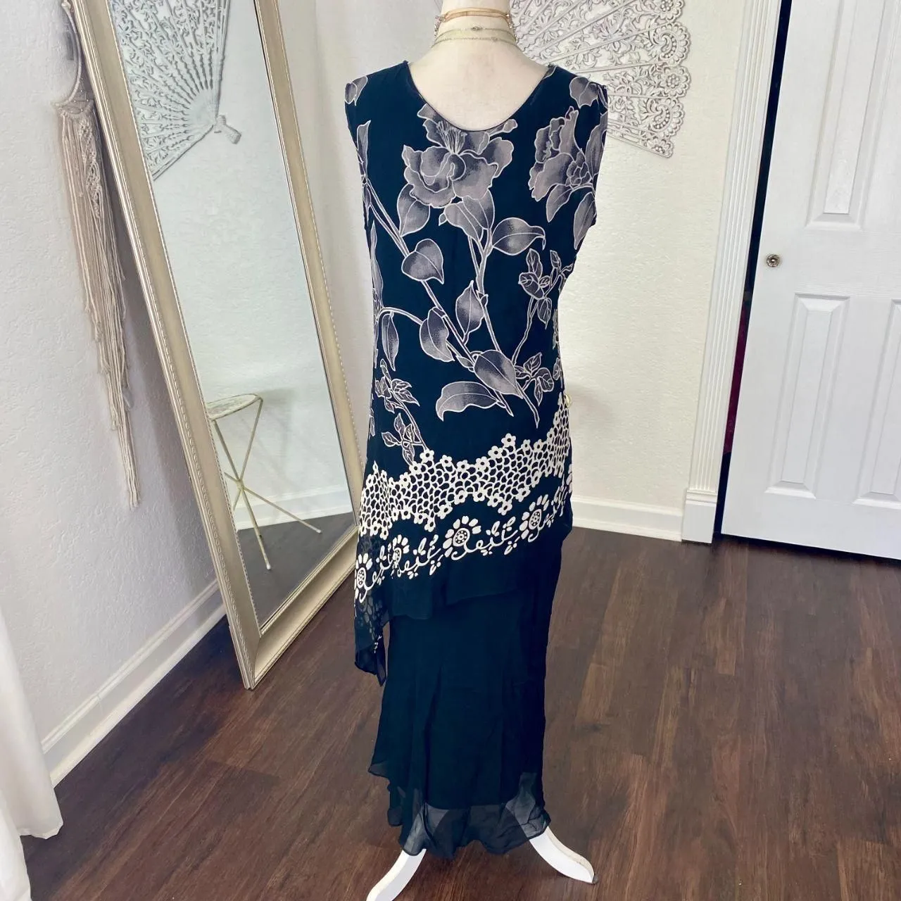 Eva Blue Black White Silver Witchy Whimsygoth Beaded Layered Midi Dress 12 / L - Image 5