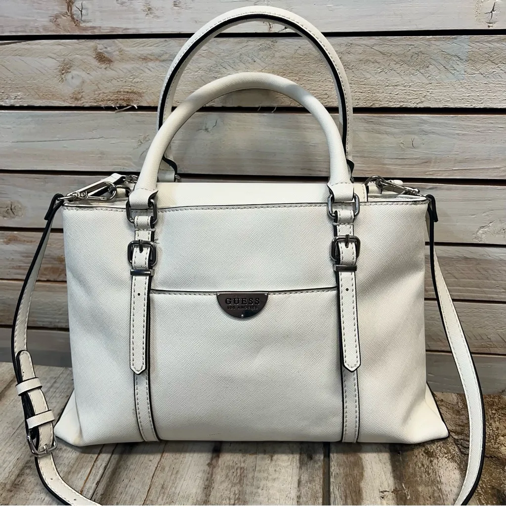 Guess White Saffiano Faux Leather Satchel Handbag W/Crossbody Strap 14" x 8.5" - Image 6