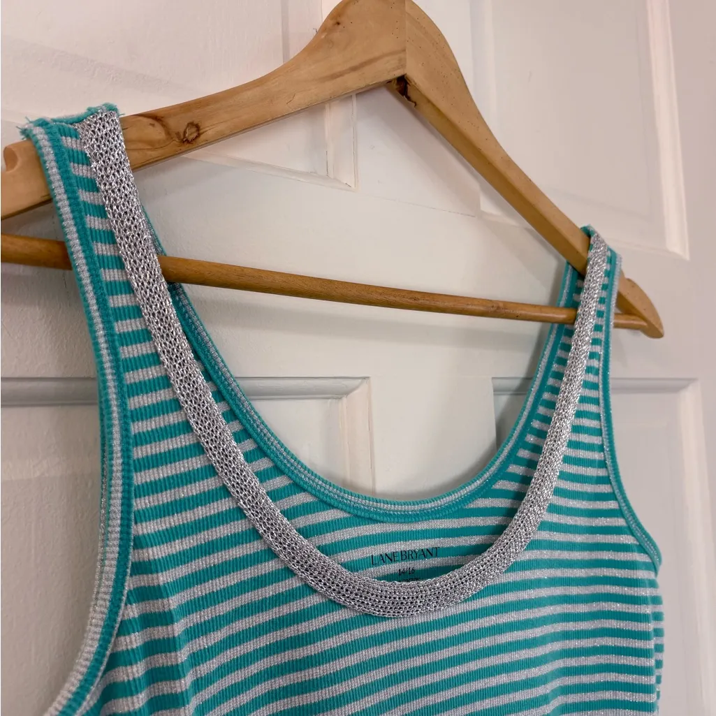 Lane Bryant Striped Ribbed Tank Top Glitter Scoop Neck Stretch Teal/Silver Glam - Image 4