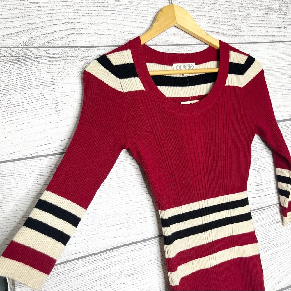 NWT Pink Owl 3/4 Sleeve Striped Stretch Sweater Dress Size Medium Red Black Tan - Image 4