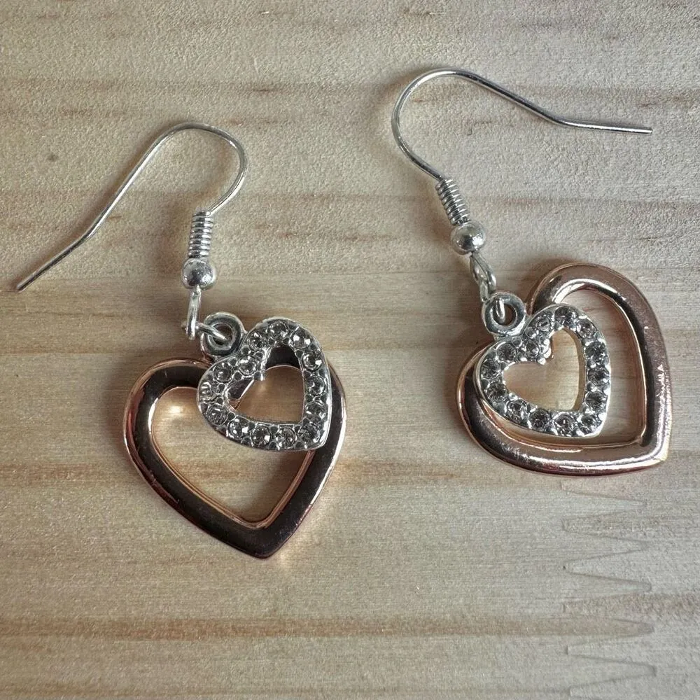 Rose Gold Tone Heart Drop Earrings with Rhinestone Accents - Image 6