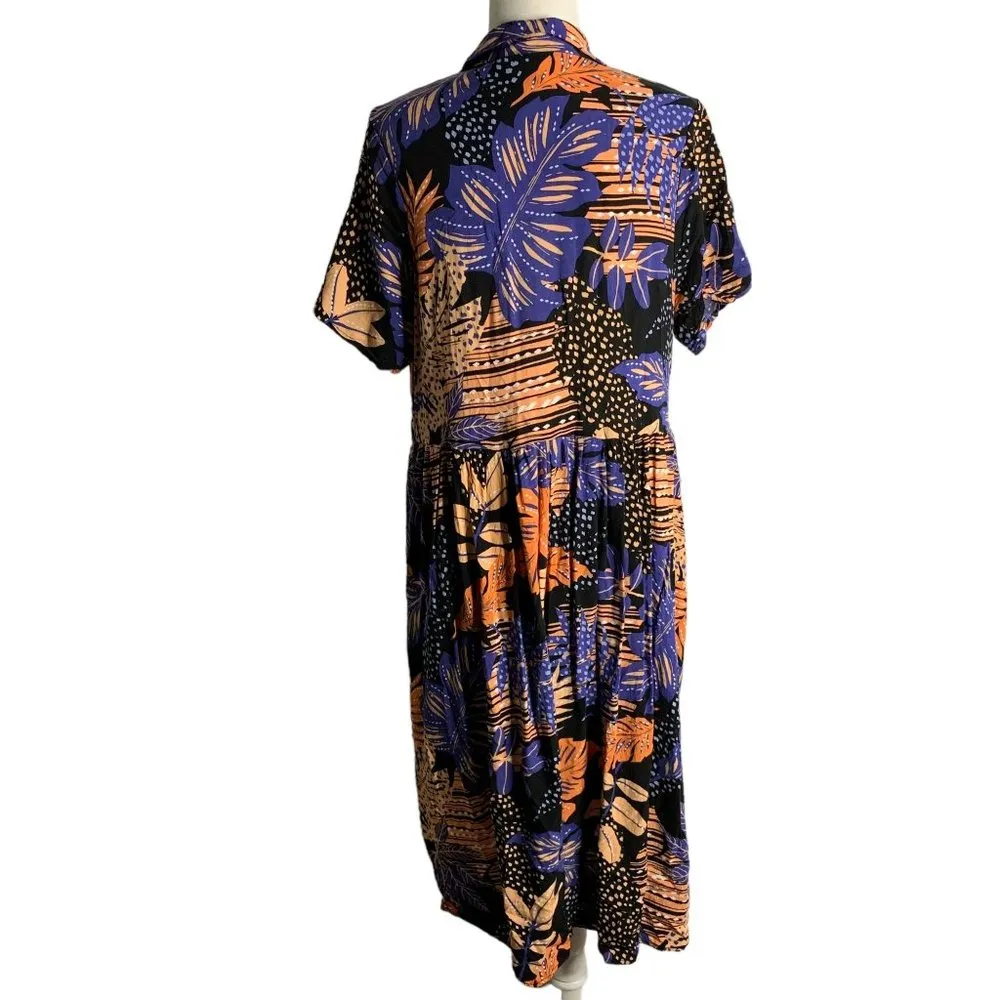 Loralette Short Sleeve High Low Dress 14/16 Black Palm Floral Buttons Pockets - Image 4